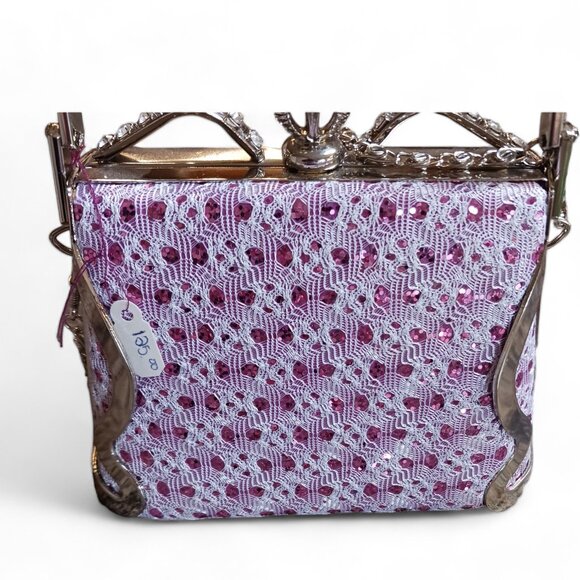 Pink Sequin White Lace Princess Two Way Evening Mini Hand Bag Crossbody - Picture 14 of 14